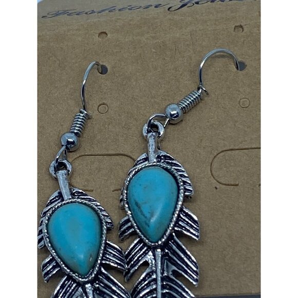Retro Silver Leaf Earrings Turquoise Stone Accent Dangle Fashion Jewelry Womens - Picture 5 of 7